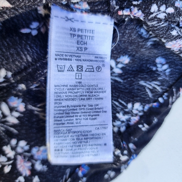 Gap Black Blue Floral Print Faux Wrap 3/4 Sleeve Ladies Dress Ruffle Petite XS - Picture 9 of 14